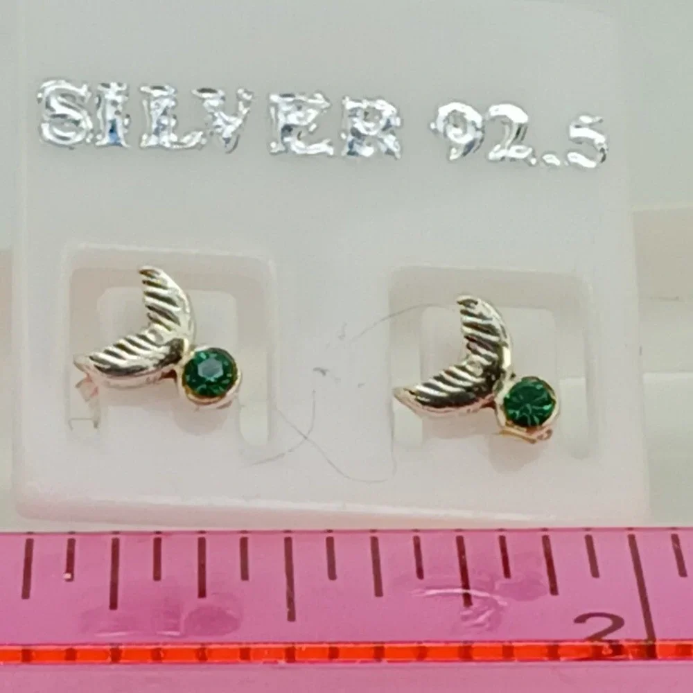 Sterling Silver 925 Mermaid Tail Stud Earrings Green Crystal Nautical Jewelry‎